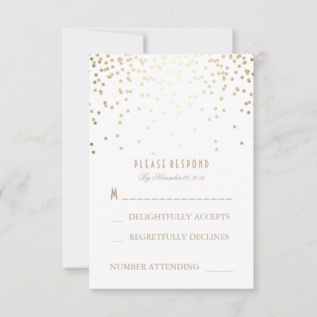 Cartões RSVP de Casamento de Confetti Dourado e Br (Frente)