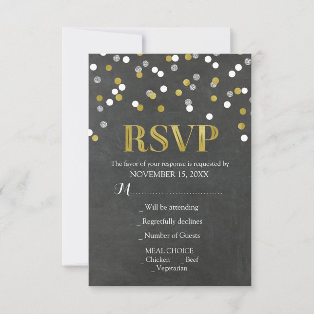 Cartões RSVP de Casamento de Confetti, Dourado pra (Frente)