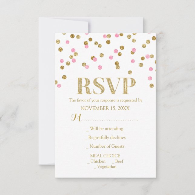 Cartões RSVP de Casamento de Confetti Dourado rosa (Frente)