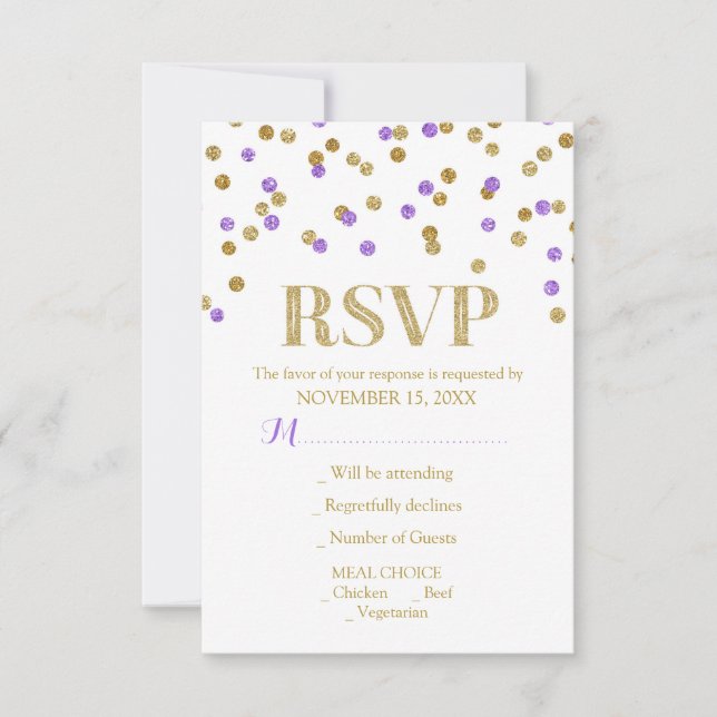 Cartões RSVP de Casamento de Confetti Dourado Roxo (Frente)