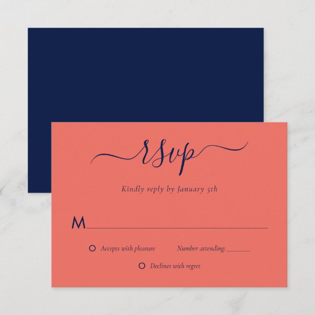Cartões RSVP de Casamento de Coral e Azul do Marin (Frente/Verso)