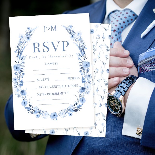 Cartões RSVP de casamento de flor silvestre azul-m (Criador carregado)
