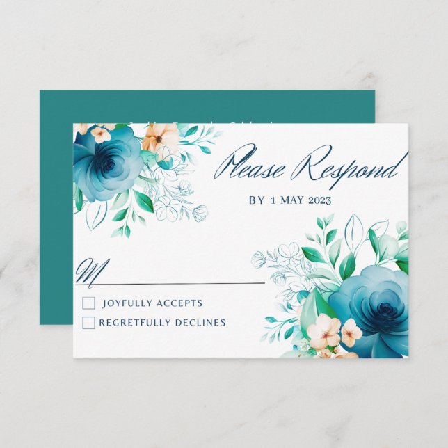 Cartões RSVP de Casamento de Flores de Azul Elegan (Frente/Verso)