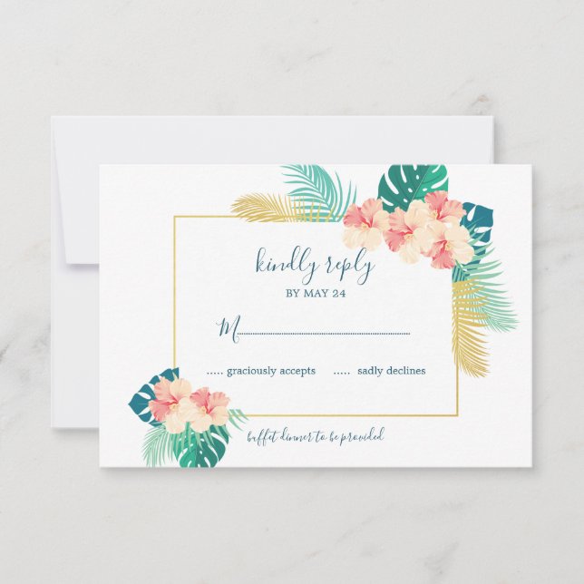 Cartões RSVP de Casamento de Hibisco Dourado Elega (Frente)