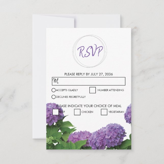 Cartões RSVP de Casamento de Hydrangea Púrpura Ele (Frente)