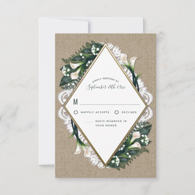 Cartões RSVP de Casamento de Lace e Calla Lily Bur (Frente)