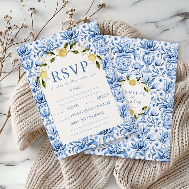 Cartões RSVP de casamento de limão-azul-italianos (Criador carregado)