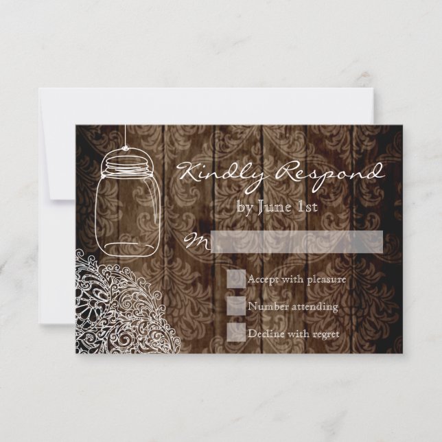 Cartões RSVP de Casamento de Madeira Mason Jar Lac (Frente)