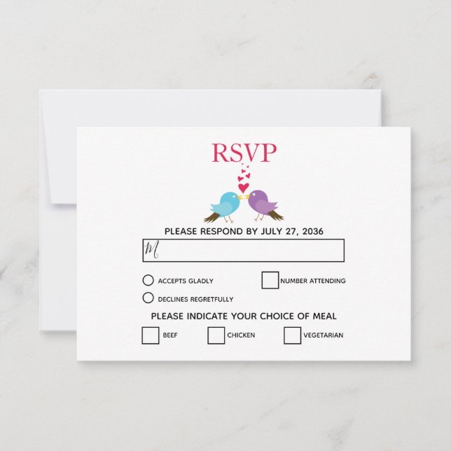 Cartões RSVP de Casamento de Pássaros e Corações (Frente)