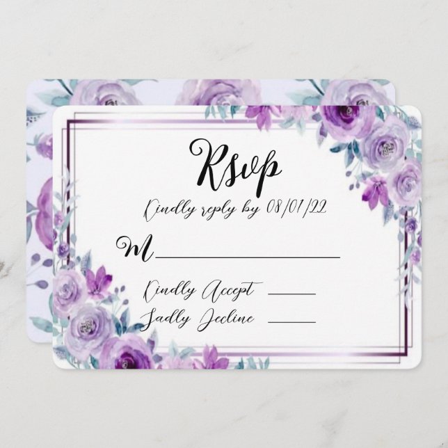 Cartões RSVP de Casamento de Penas de Aquarela Púr (Frente/Verso)