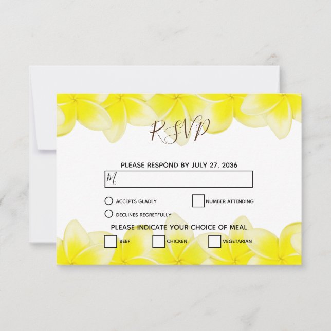 Cartões RSVP de Casamento de Plumeria Amarela Fran (Frente)