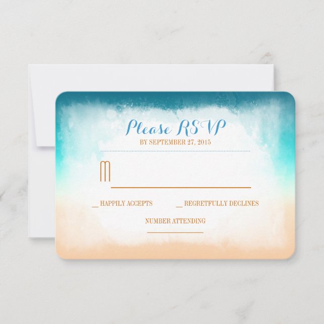 Cartões RSVP de casamento de praia azul (Frente)
