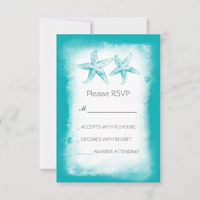 Cartões RSVP de casamento de praia azul-branca (Frente)