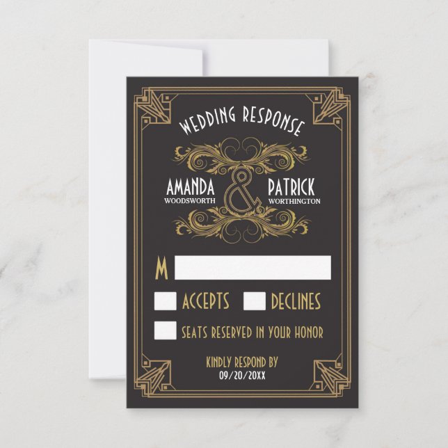 Cartões RSVP de Casamento Dourado e Preto da Art D (Frente)