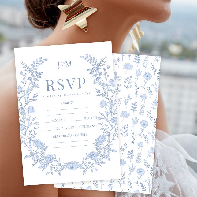 Cartões RSVP de casamento floral azul Elegante (Criador carregado)