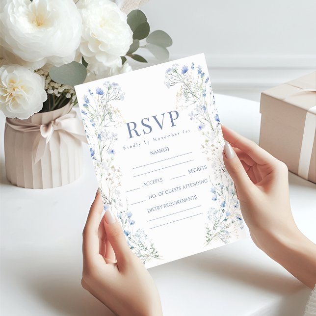 Cartões RSVP de casamento floral azul Elegante (Criador carregado)
