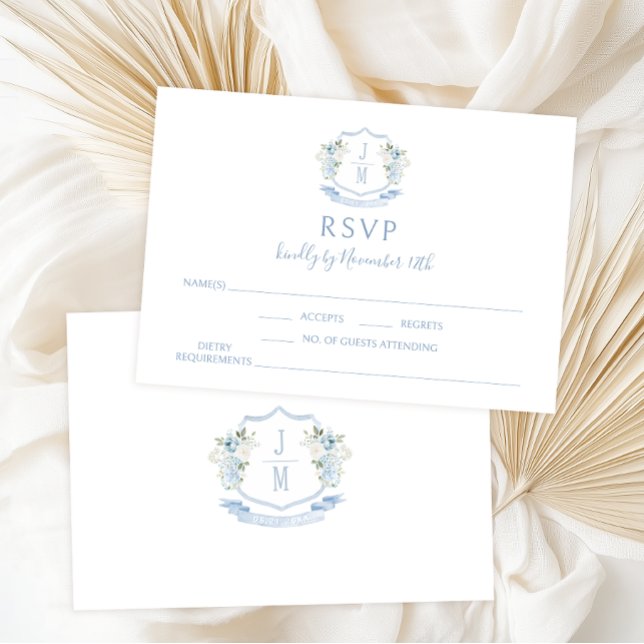 Cartões RSVP de Casamento Floral Azul Monograma (Criador carregado)