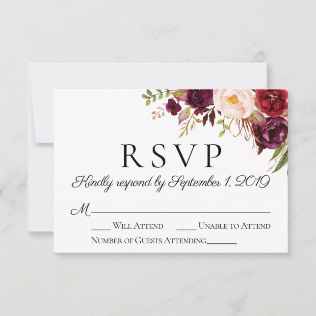 Cartões RSVP de Casamento Floral de Marsala e Rosa (Frente)