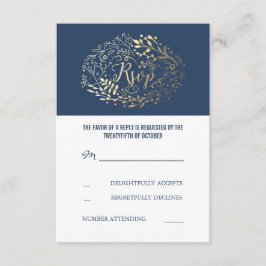 Cartões RSVP de Casamento Floral Dourado e marinho