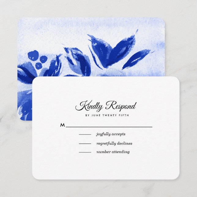 Cartões RSVP de Casamento Floral Real Blue Waterco (Frente/Verso)