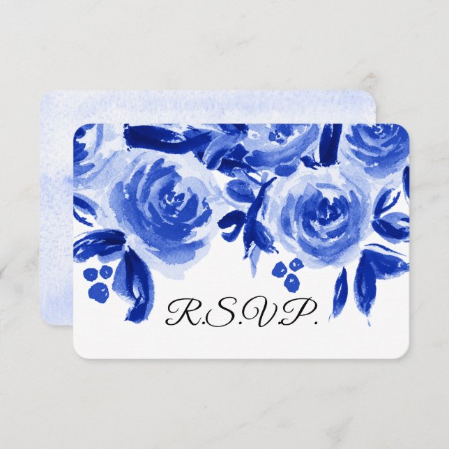 Cartões RSVP de Casamento Floral Real Blue Waterco (Frente/Verso)