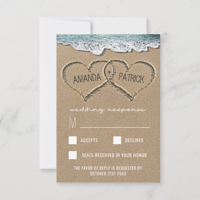 Cartões RSVP de Casamento na praia de areia (Frente)