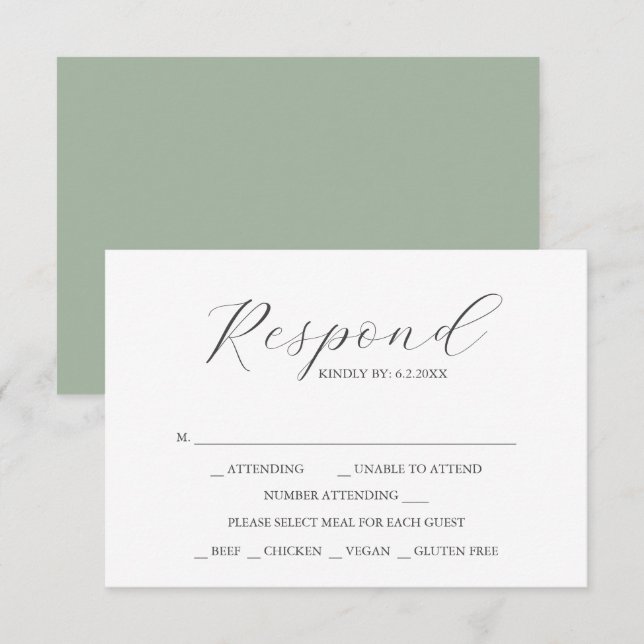 Cartões RSVP de Casamento Personalizado Verde (Frente/Verso)