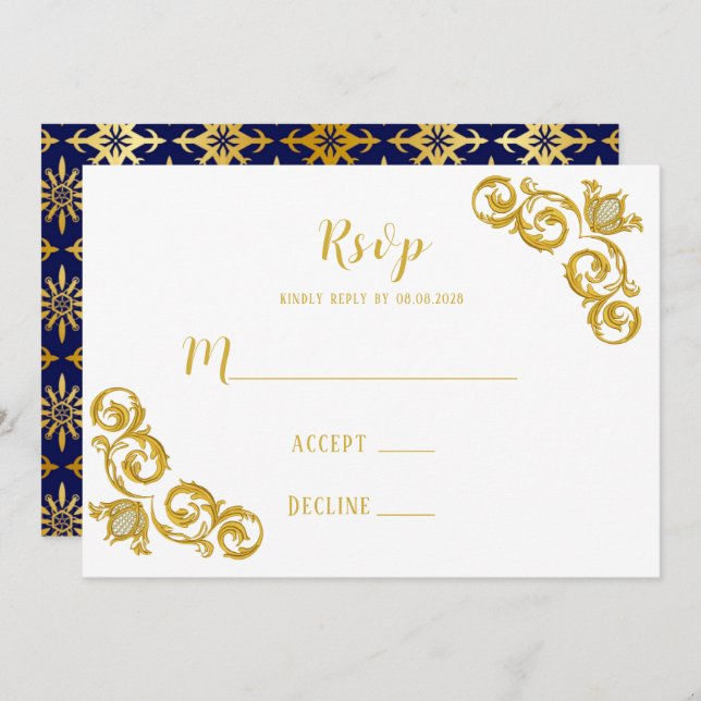 Cartões RSVP de Casamento Real Azul e Dourado (Frente/Verso)