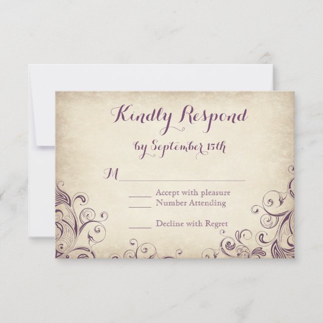 Cartões RSVP de Casamento Roxo Roxo Elegante Vinta (Frente)