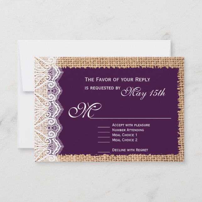 Cartões RSVP de Casamento Roxo-Roxo Rústico Burlap (Frente)