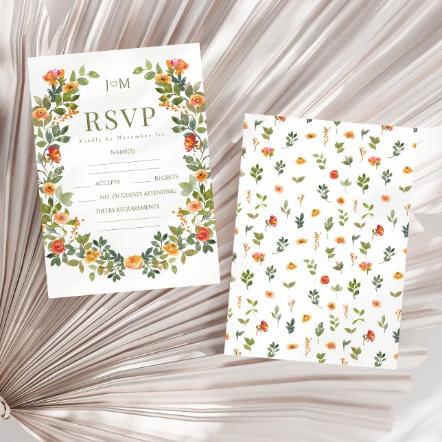 Cartões RSVP de casamento rufo-floral laranja (Criador carregado)