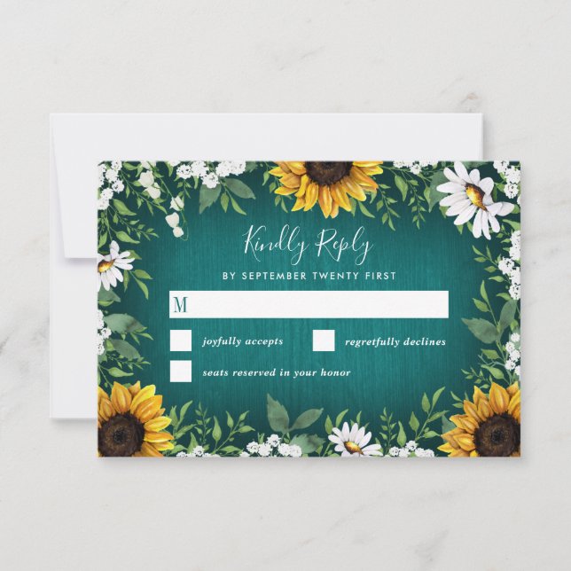 Cartões RSVP de Casamento Russo de Teal Sunflower  (Frente)
