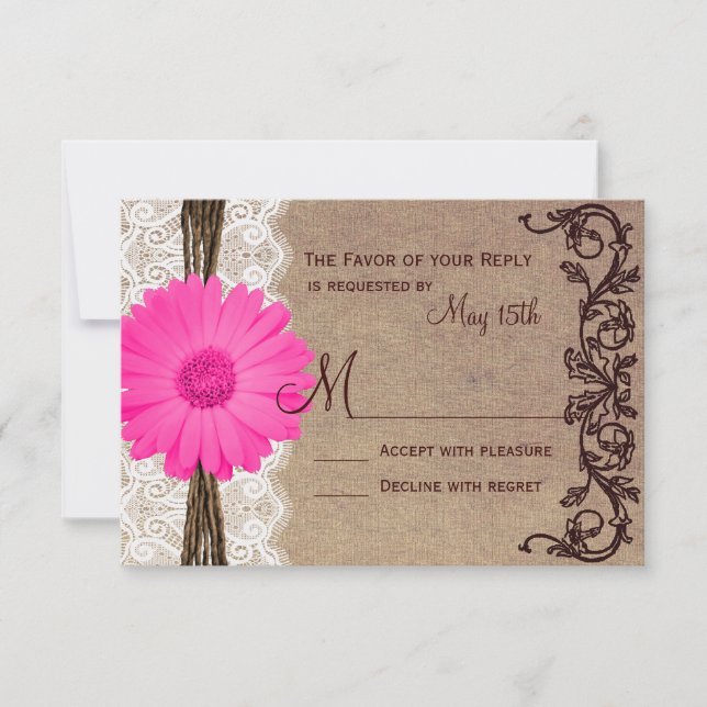 Cartões RSVP de Casamento Rustic Pink Gerber Daisy (Frente)