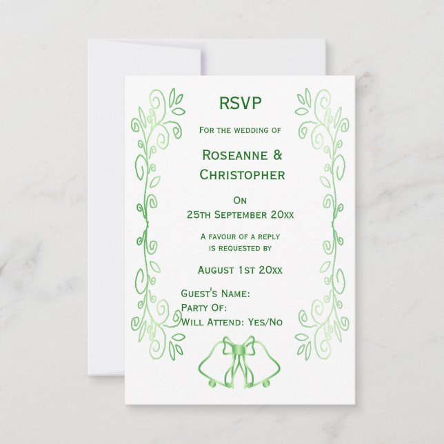 Cartões RSVP de Casamento Verde Emerald Bells Scro (Frente)