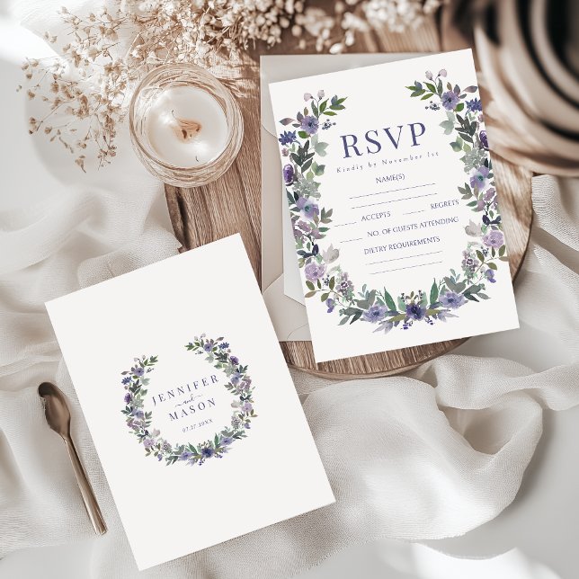 Cartões RSVP de Casamentos florais roxos Elegantes (Criador carregado)