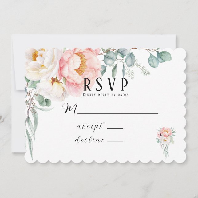 Cartões RSVP Eucalyptus, Peonies Rosa Elegantes (Frente)