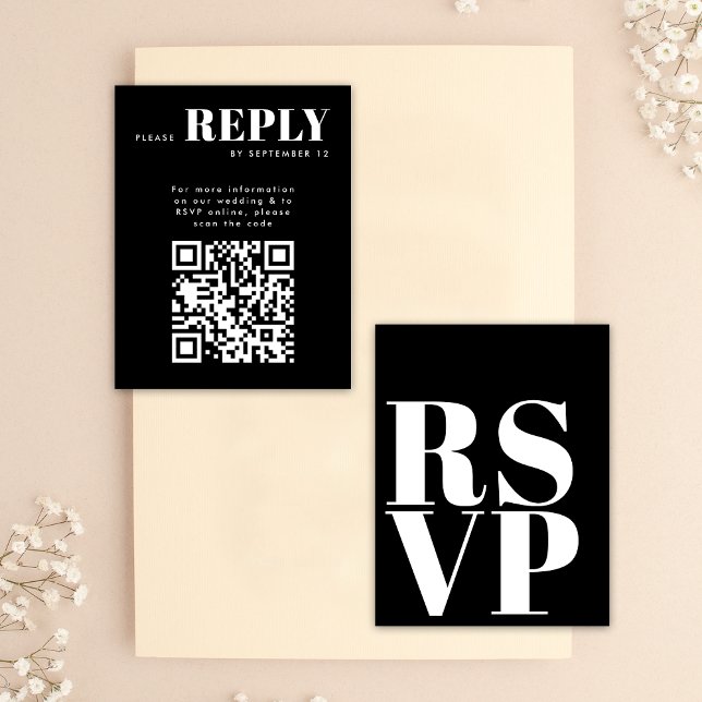 Cartões RSVP Preto Branco Elegantes com Código QR  (Front / Back)