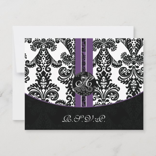 cartões rsvp roxos monogramos damask (Frente)