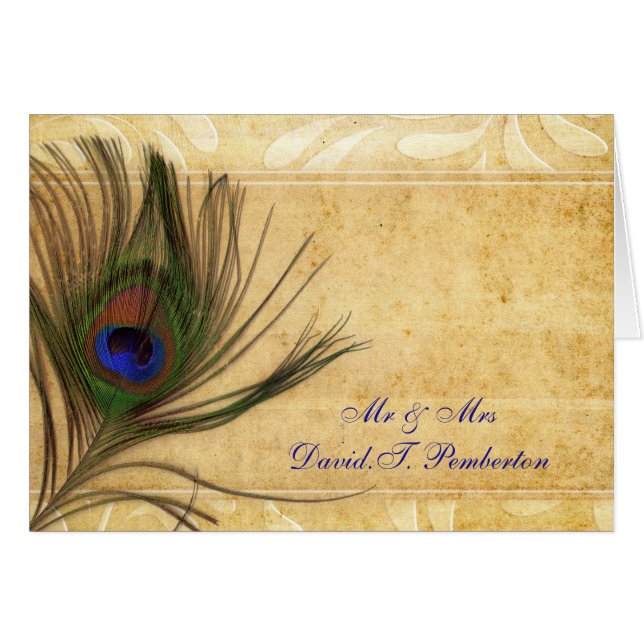 Cartões Rustic Peacock Feather Wedch Place (Frente horizontal)