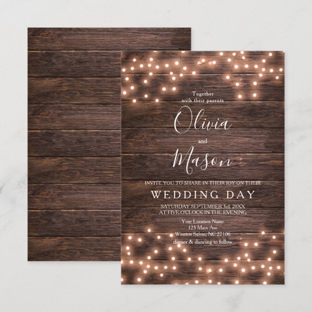 Cartões Rustic String of Lights Wedding (Frente/Verso)
