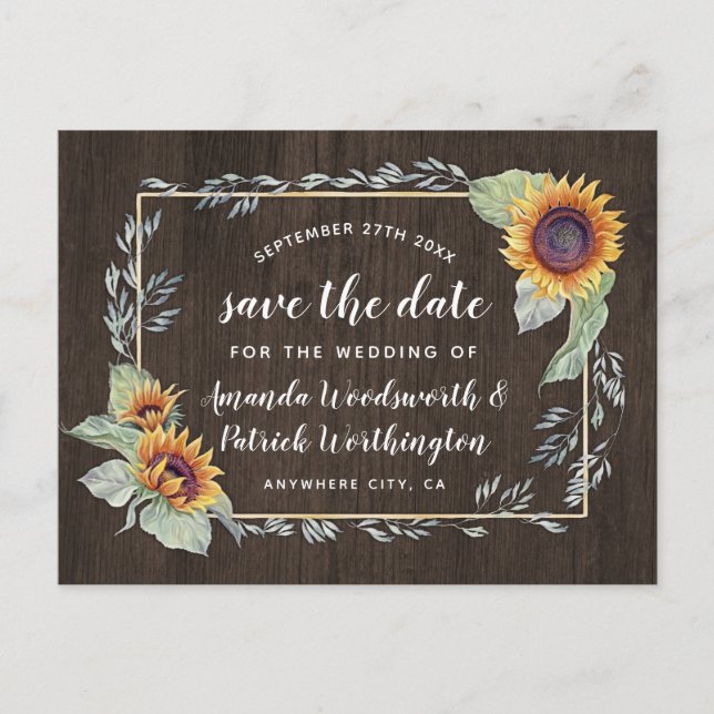 Cartões rústicos de girassol para salvar a data co (Frente)