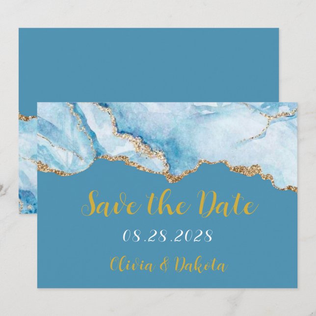 Cartões salve a data azuis e de ágata Dourada (Frente/Verso)