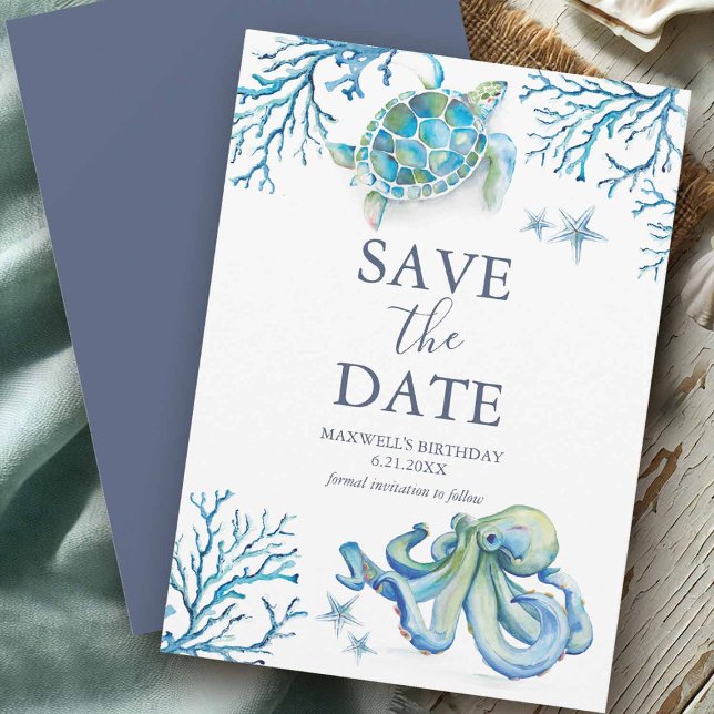 Cartões salve a data de aniversário sob o mar (Under the sea birthday save the date card with hand painted sea life art by Victoria Grigaliunas)