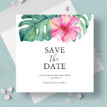 Cartões salve a data de aniversário tropical<br><div class="desc">Estes cartões salve a data de aniversário apresentam uma vara superior de elegantes flores tropicais de aquarela e folhas de palma monstera. As palavras "Salvar a Data" são digitadas em cinzas de carvão sobre um fundo branco nítido. Use os campos modelo para adicionar detalhes personalizados. A placa se reverte para...</div>