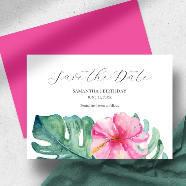 Cartões salve a data de aniversário tropical (Birthday save the date pink hibiscus flower and monstera palm leaves watercolor )