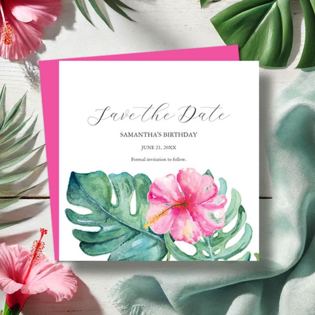 Cartões salve a data de aniversário tropical (Tropical sweet 16 Birthday party save the date card watercolor pink floral art Victoria Grigaliunas)