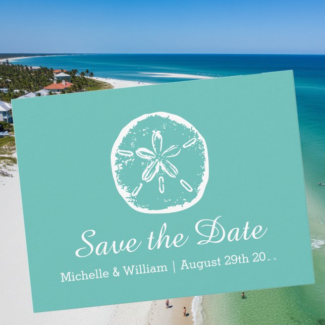 Cartões salve a data de casamento de praia em dóla (save the date beach wedding card with sand dollar logo)