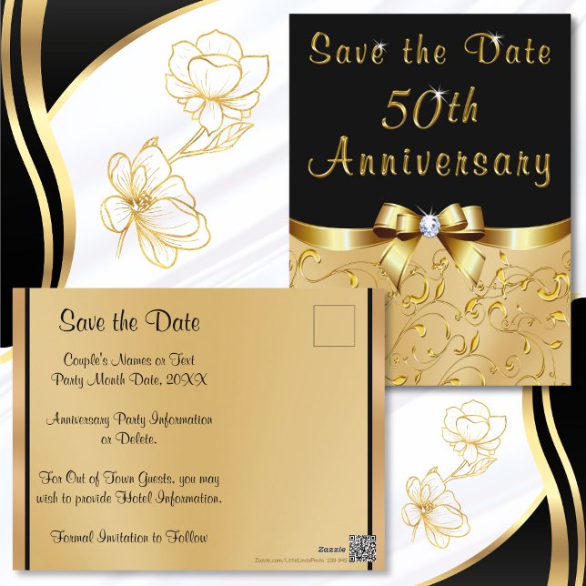 Cartões salve a data de ouro de aniversário (Cheap, 50th anniversary Save the Date Post Cards. Black and  Gold Save the Date Post Cards. 50 year.)