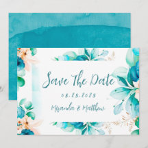 Cartões salve a data Florais de Cor Azul-Vazia Tea