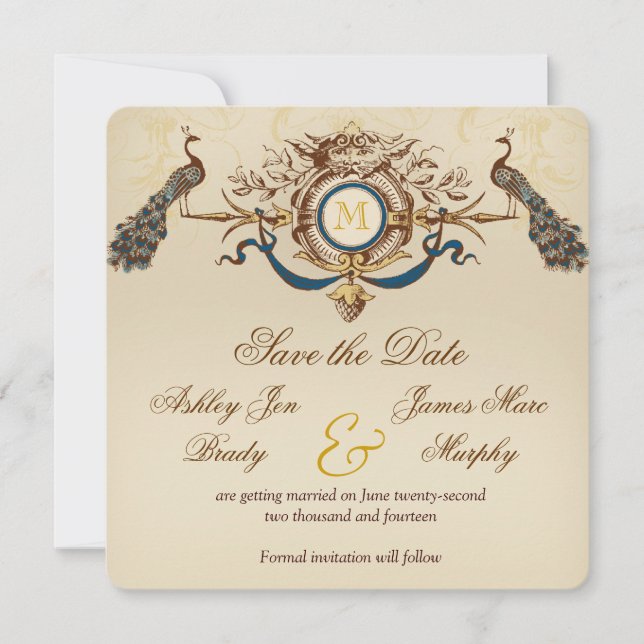 Cartões salve a data Peacock Vintage (Frente)